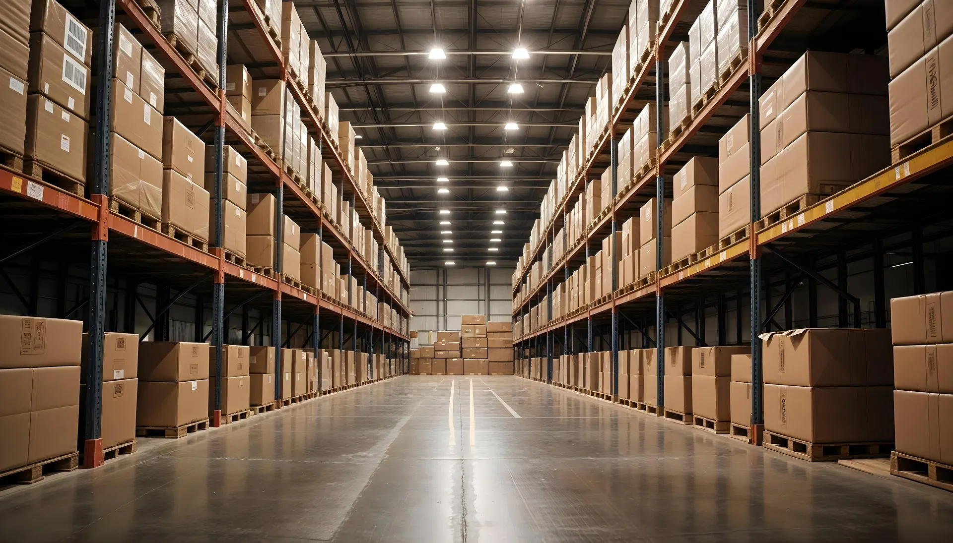 Palletised racking in a lit warehouse aisle
